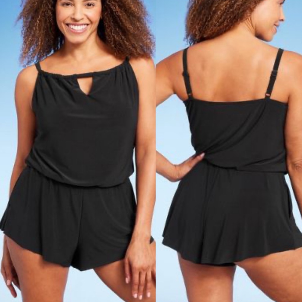 Aqua Green Women's UPF 50 High Neck Swim Romper with Pockets One Piece Swimsuit